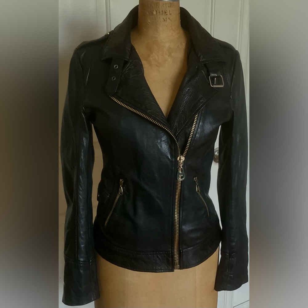 Doma Black Leather Motorcycle Jacket Sz S